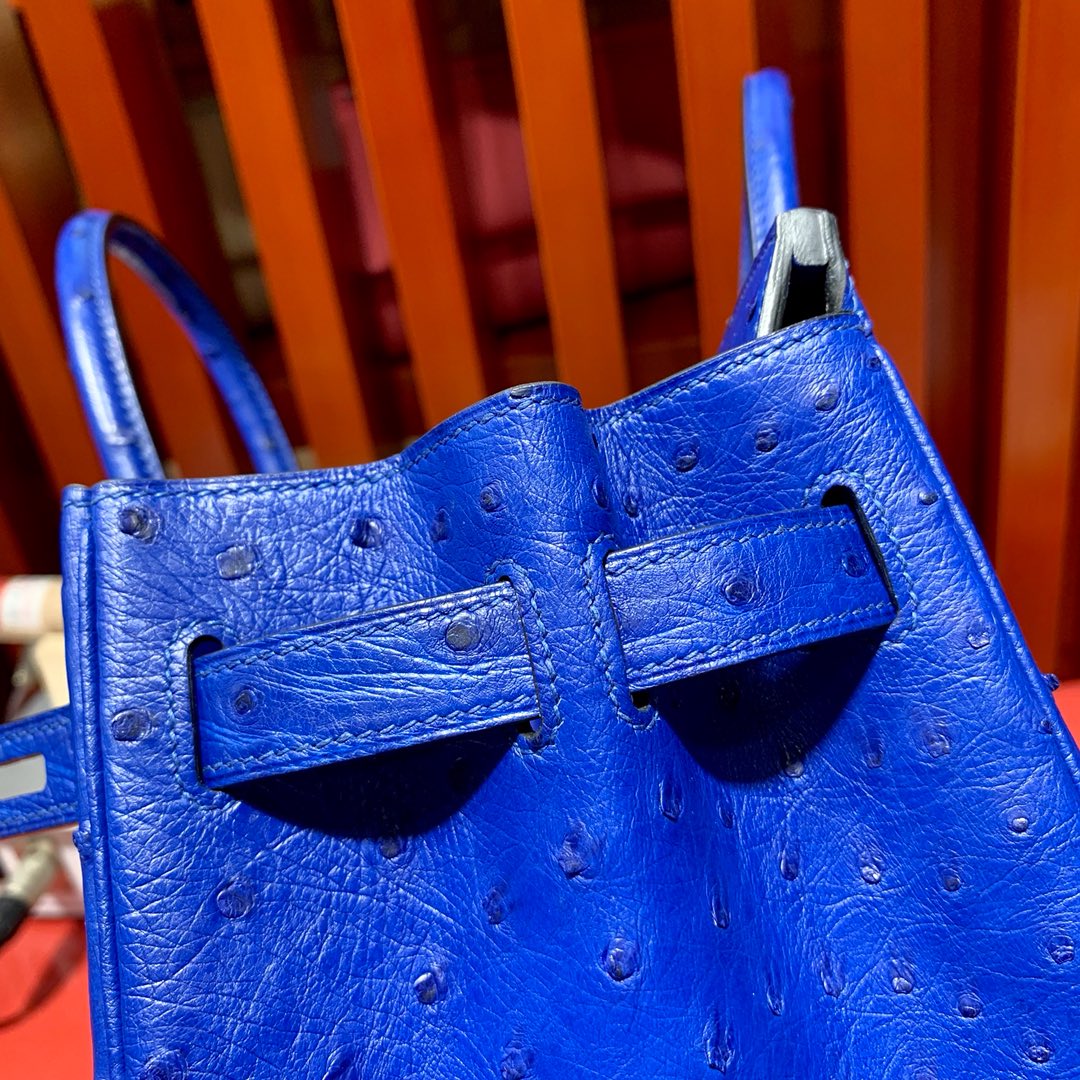 现货 爱马仕鸵鸟皮铂金包 Hermes Birkin30CM 7T电光蓝KK鸵鸟皮 银扣