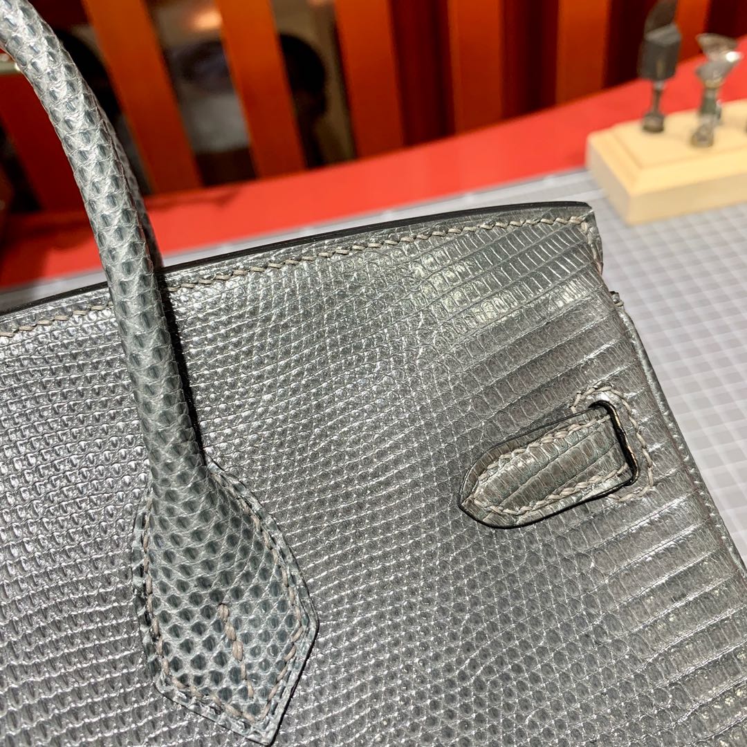 现货 爱马仕Birkin女包 Hermes Birkin25cm 锡器灰蜥蜴皮铂金包 银扣