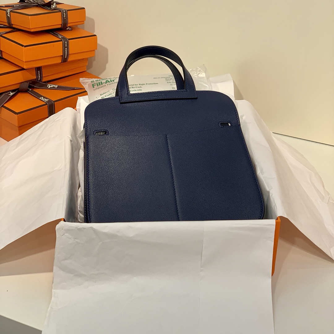 Hermes mini Halzan22CM 爱马仕宝石蓝Swift牛皮手提斜挎包包 银扣