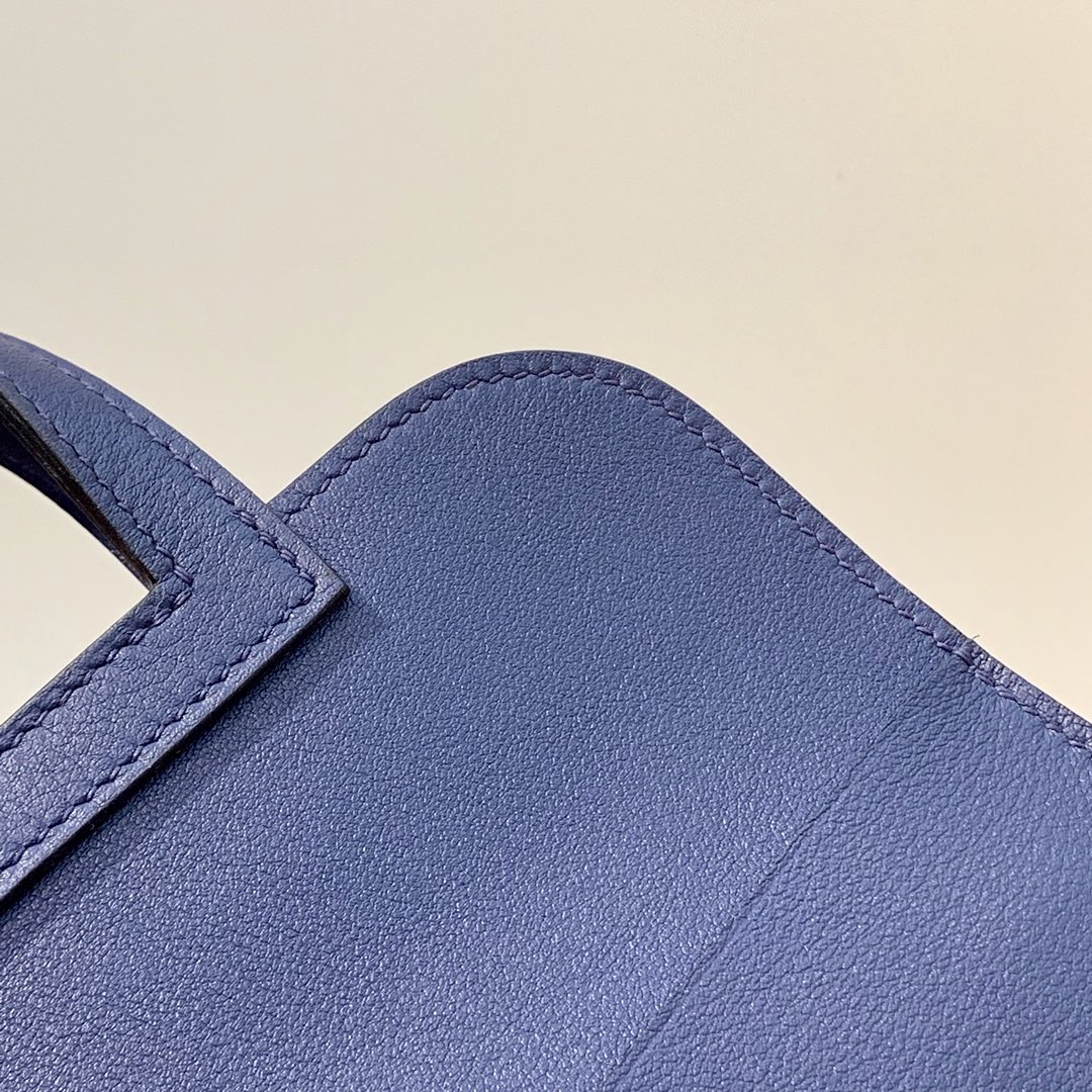 Hermes mini Halzan22CM 爱马仕宝石蓝Swift牛皮手提斜挎包包 银扣