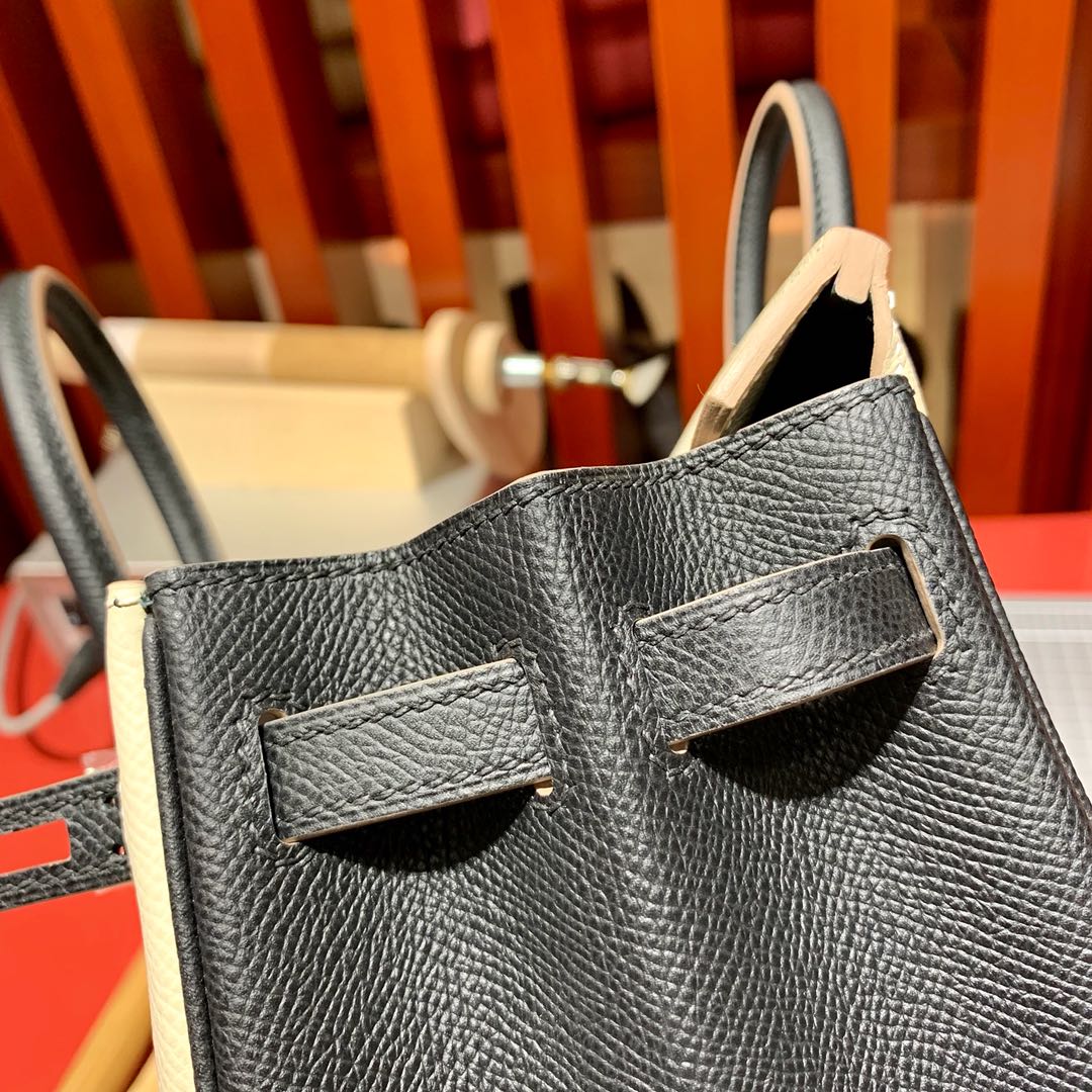 爱马仕拼色铂金包 Hermes Birkin25CM 奶昔白拼黑色Epsom皮 银扣