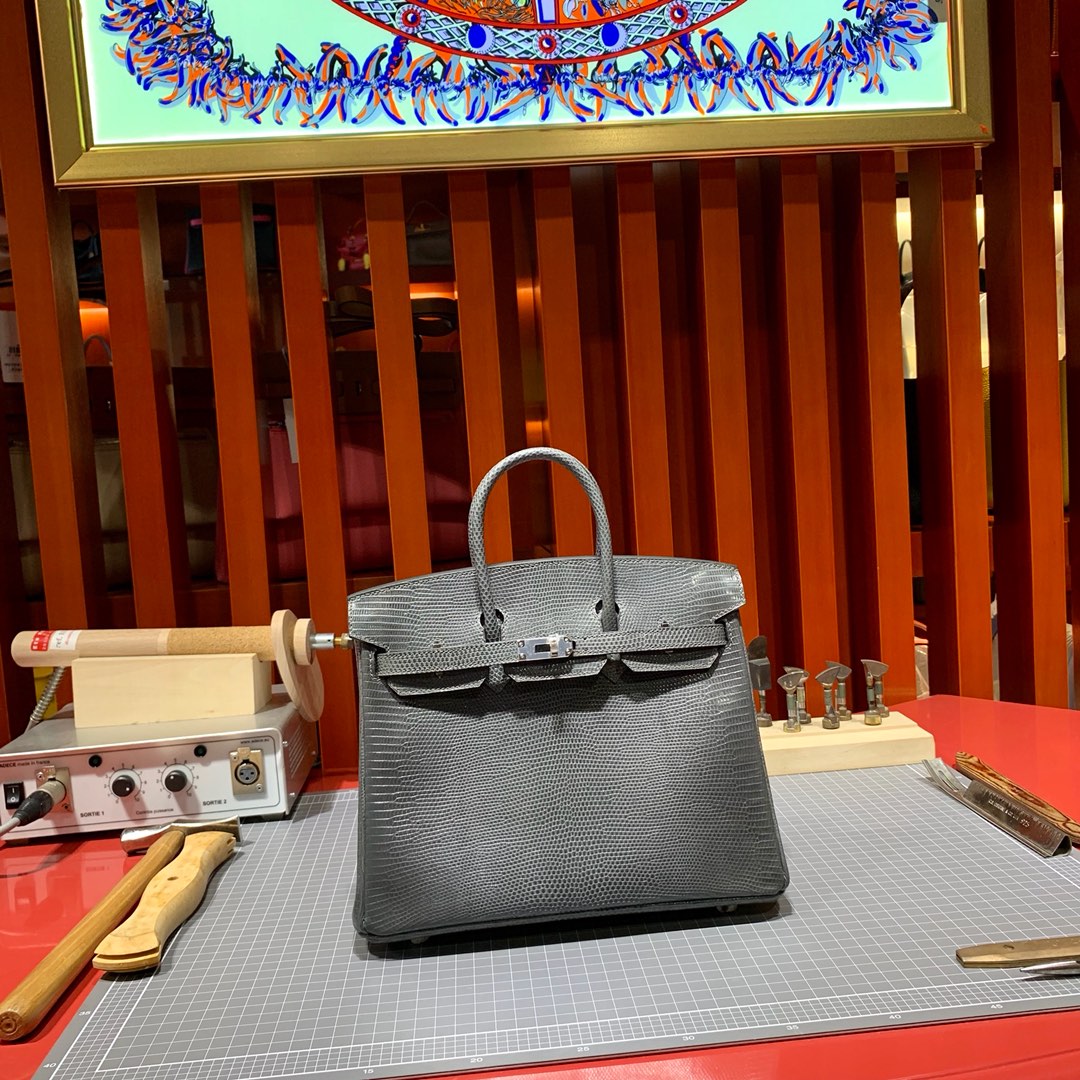 现货 爱马仕Birkin女包 Hermes Birkin25cm 锡器灰蜥蜴皮铂金包 银扣