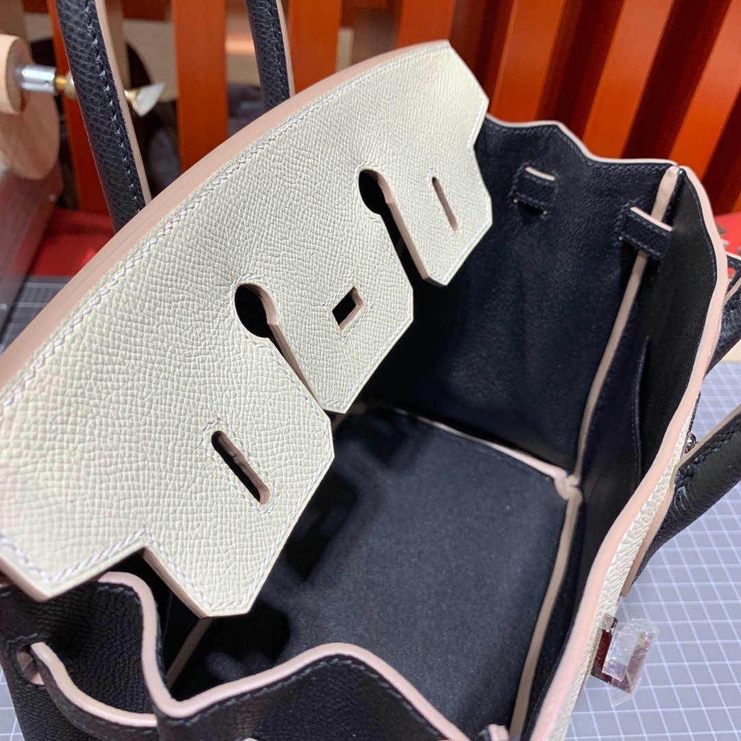 爱马仕拼色铂金包 Hermes Birkin25CM 奶昔白拼黑色Epsom皮 银扣