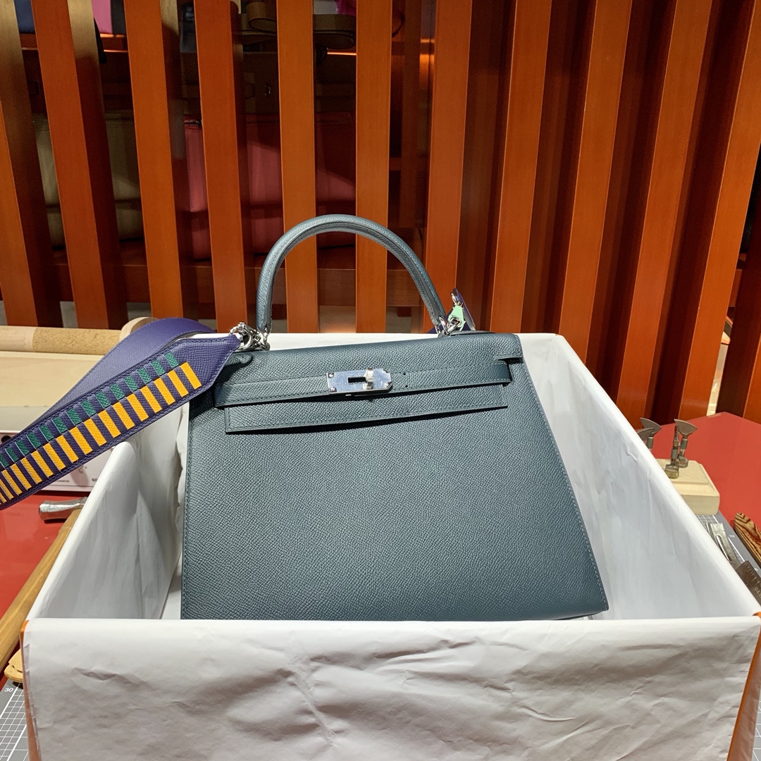 现货 Hermes Kelly25cm 爱马仕6O松柏绿掌纹牛皮凯莉包 金银扣