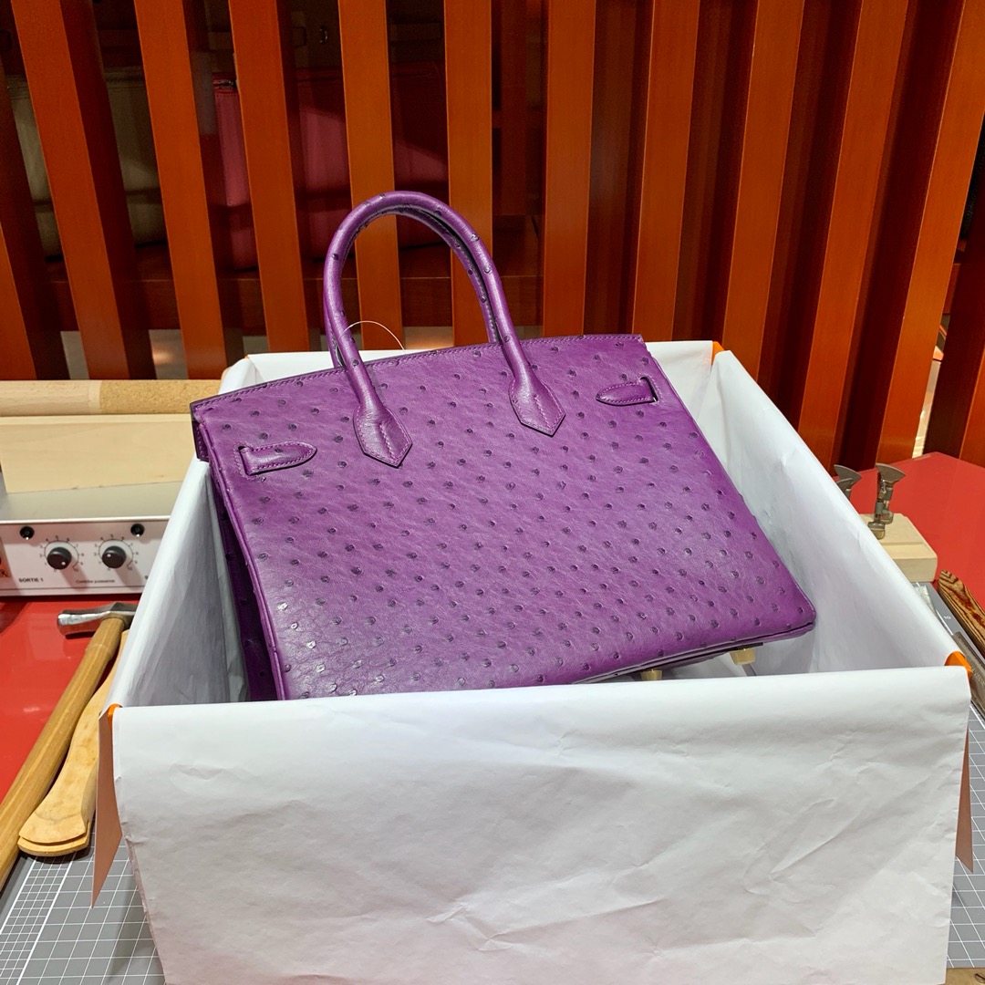 爱马仕铂金包价格 Hermes Birkin30cm P9海葵紫KK鸵鸟皮 金扣
