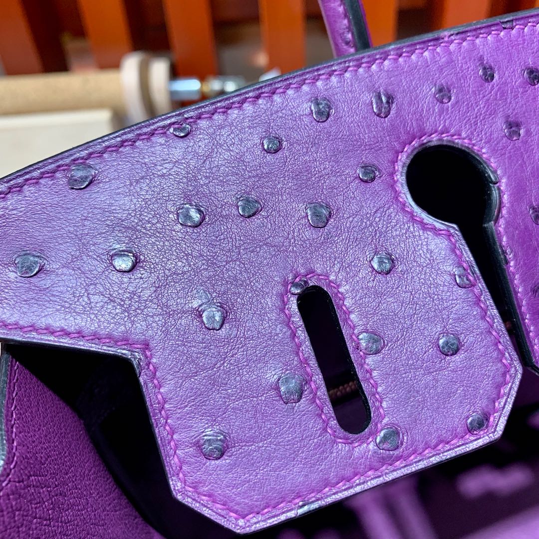 爱马仕铂金包价格 Hermes Birkin30cm P9海葵紫KK鸵鸟皮 金扣