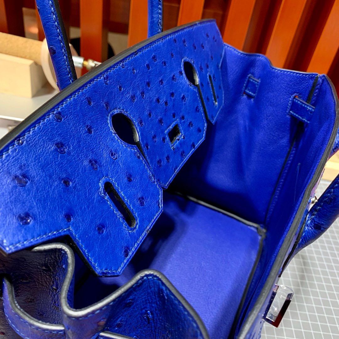 现货 爱马仕鸵鸟皮铂金包 Hermes Birkin30CM 7T电光蓝KK鸵鸟皮 银扣