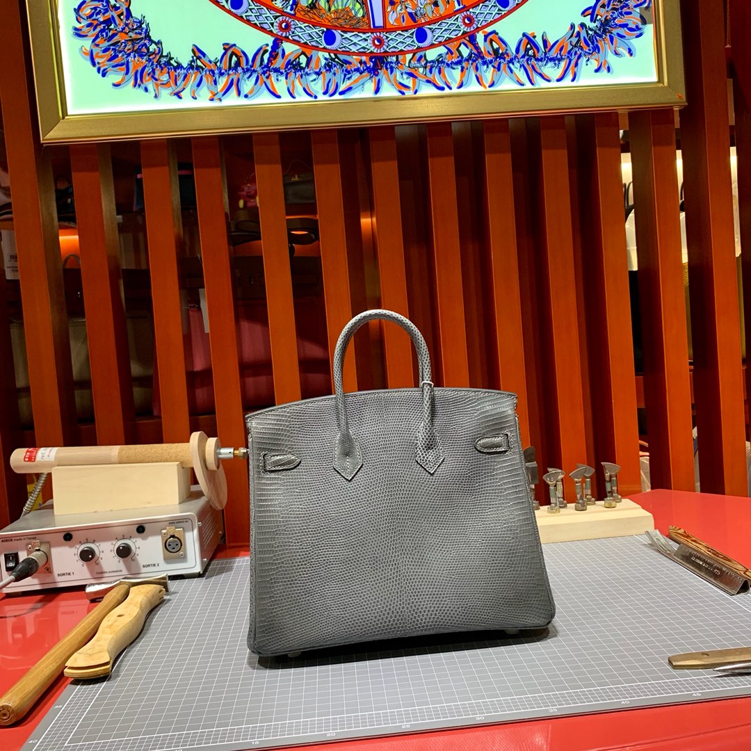 现货 爱马仕Birkin女包 Hermes Birkin25cm 锡器灰蜥蜴皮铂金包 银扣