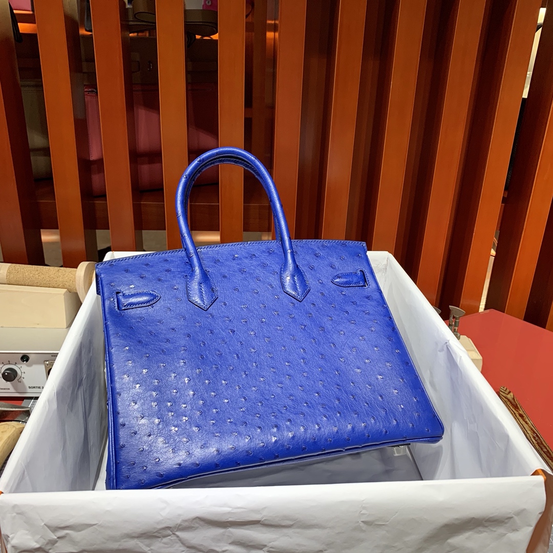 现货 爱马仕鸵鸟皮铂金包 Hermes Birkin30CM 7T电光蓝KK鸵鸟皮 银扣