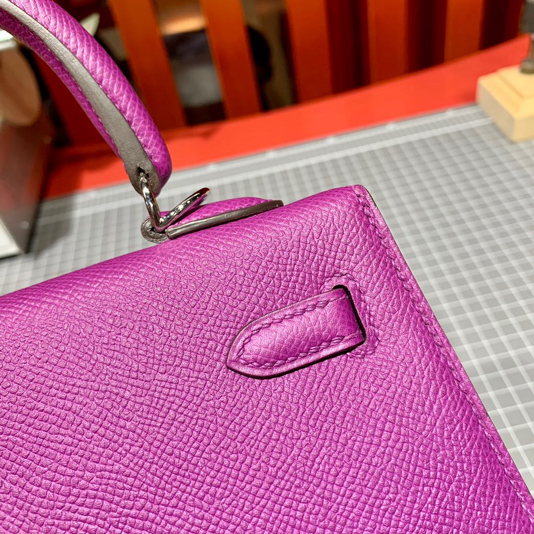 爱马仕凯莉包尺寸 Hermes Kelly25cm P9海葵紫Epsom皮 金银扣