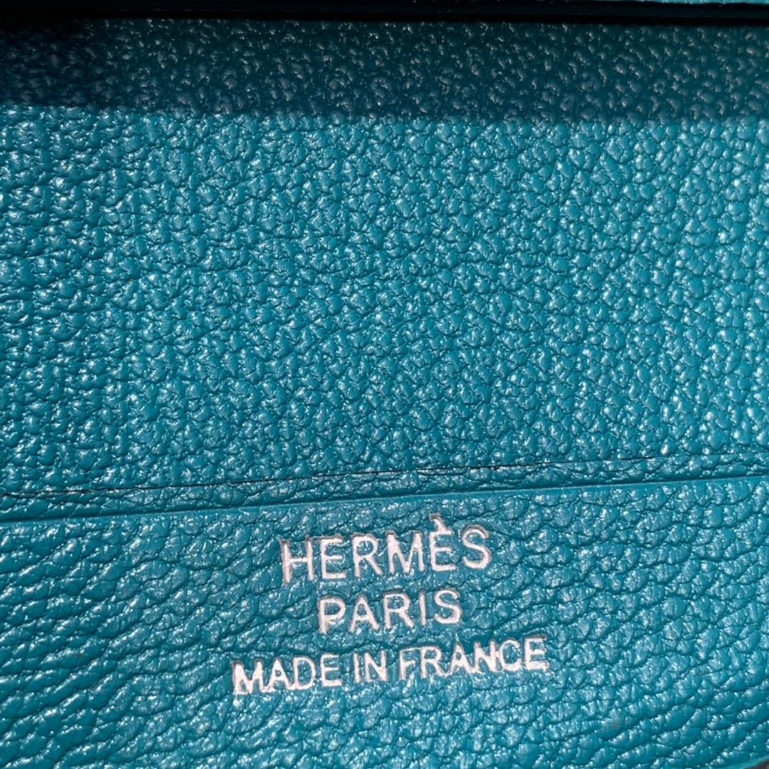 爱马仕经典钱夹 Hermes孔雀蓝进口山羊皮Bearn短款钱包卡包 银扣