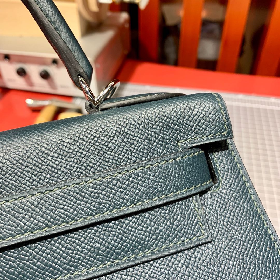 现货 Hermes Kelly25cm 爱马仕6O松柏绿掌纹牛皮凯莉包 金银扣