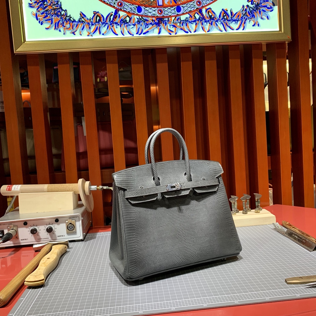 现货 爱马仕Birkin女包 Hermes Birkin25cm 锡器灰蜥蜴皮铂金包 银扣
