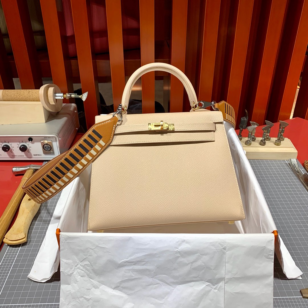 现货 爱马仕凯莉包 Hermes Kelly25cm P1蔷薇粉原厂Epsom皮 金扣