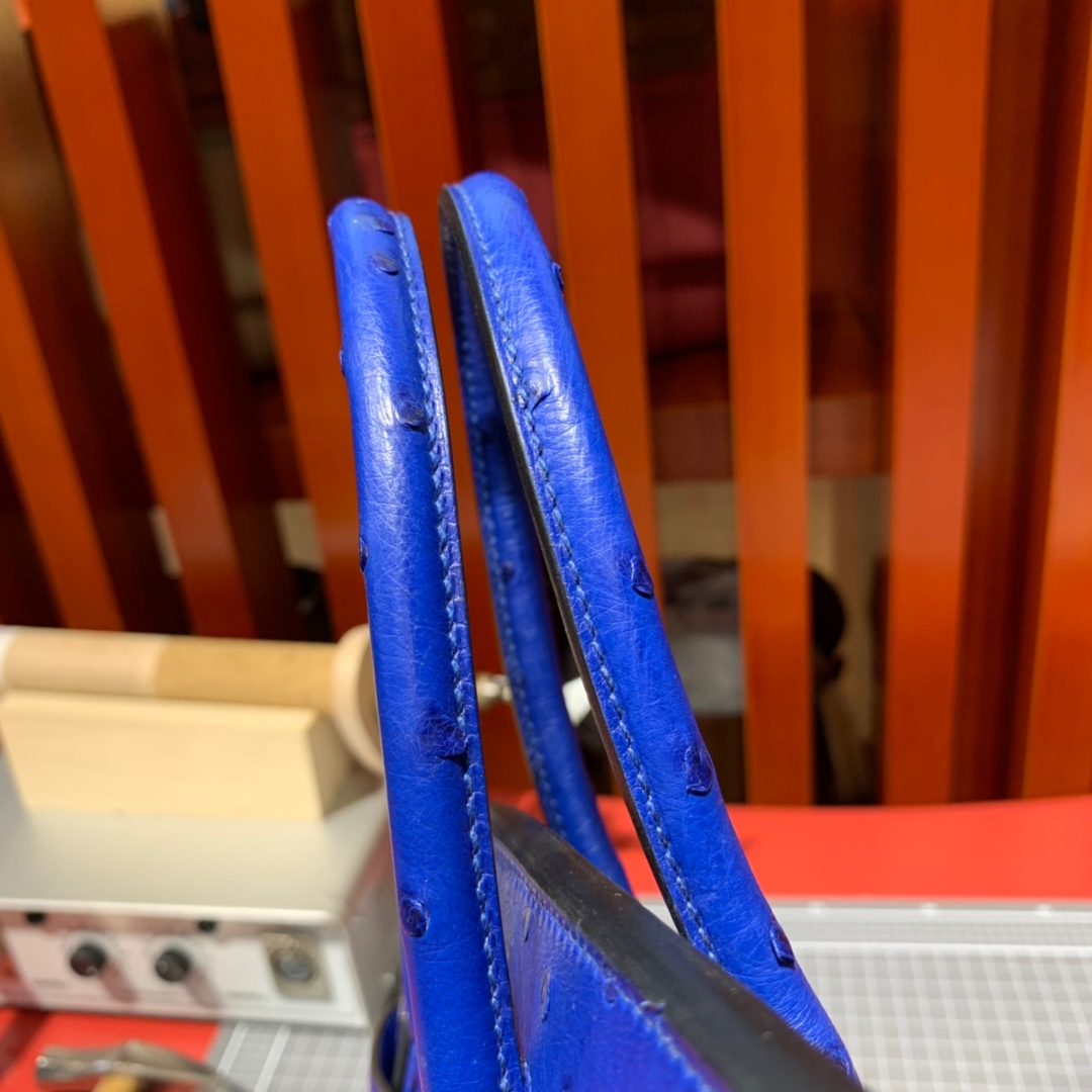 现货 爱马仕鸵鸟皮铂金包 Hermes Birkin30CM 7T电光蓝KK鸵鸟皮 银扣