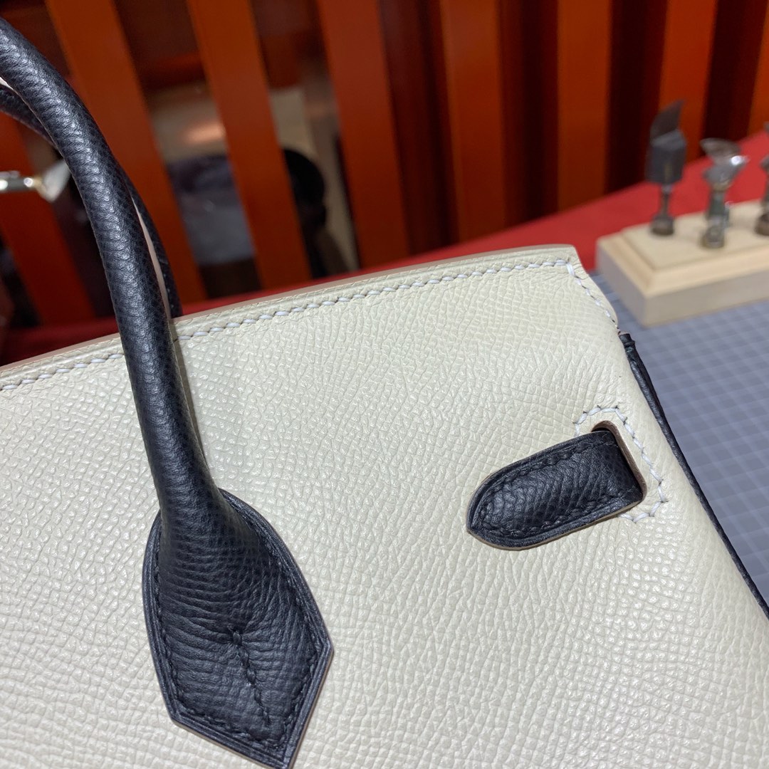 爱马仕拼色铂金包 Hermes Birkin25CM 奶昔白拼黑色Epsom皮 银扣