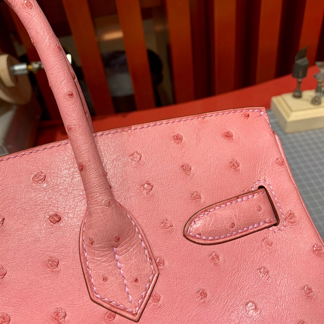 Hermes包包货源 爱马仕顶级KK鸵鸟皮铂金包Birkin30cm 1Q奶昔粉 银扣