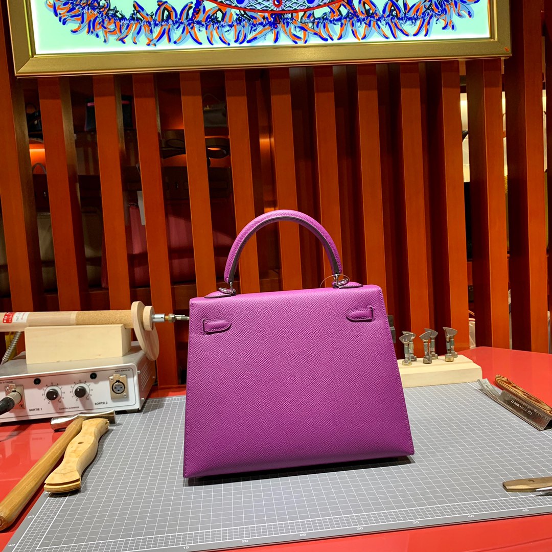 爱马仕凯莉包尺寸 Hermes Kelly25cm P9海葵紫Epsom皮 金银扣