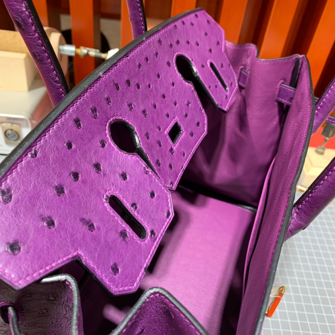 爱马仕铂金包价格 Hermes Birkin30cm P9海葵紫KK鸵鸟皮 金扣