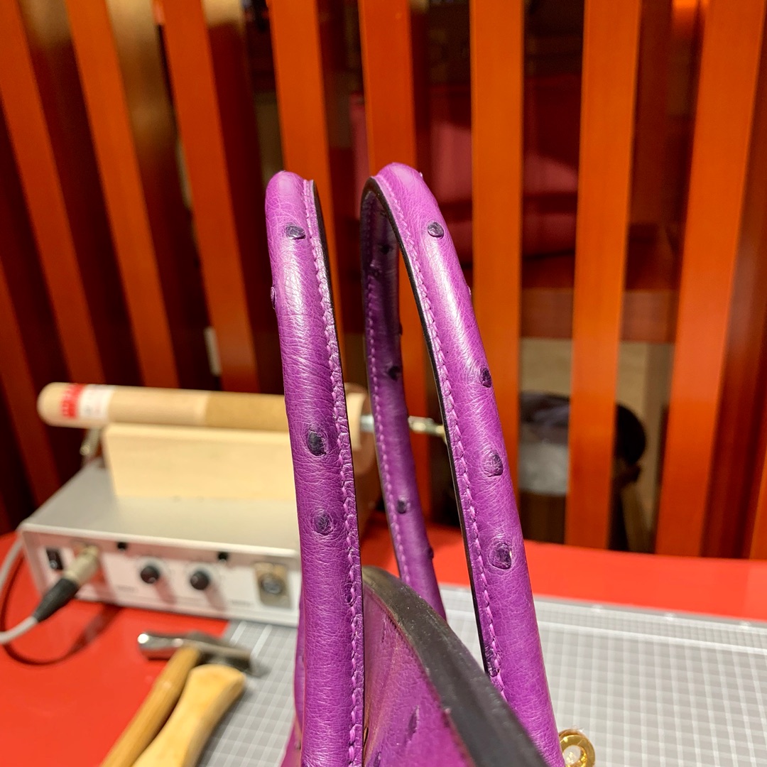 爱马仕铂金包价格 Hermes Birkin30cm P9海葵紫KK鸵鸟皮 金扣