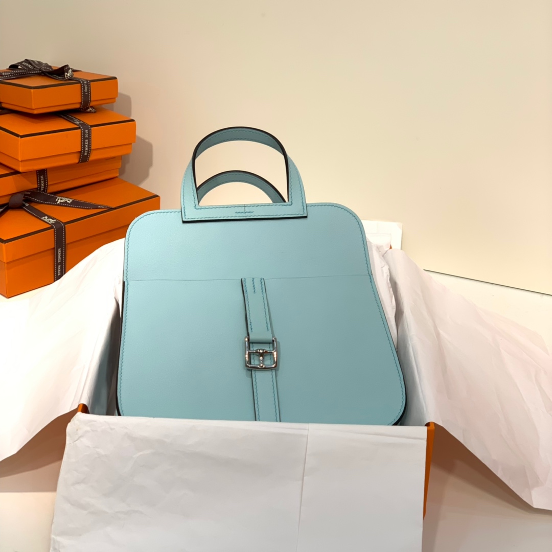 现货 Hermes mini Halzan22CM 爱马仕微风蓝Swift牛皮手提斜挎包