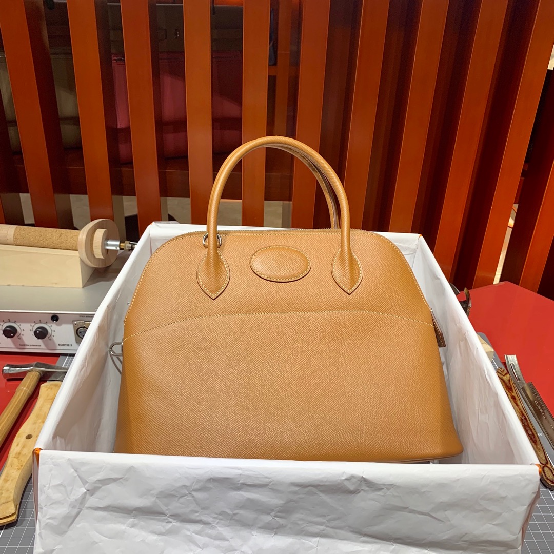现货 Hermes Bolide31CM 爱马仕土黄色Epsom牛皮保龄球包 银扣