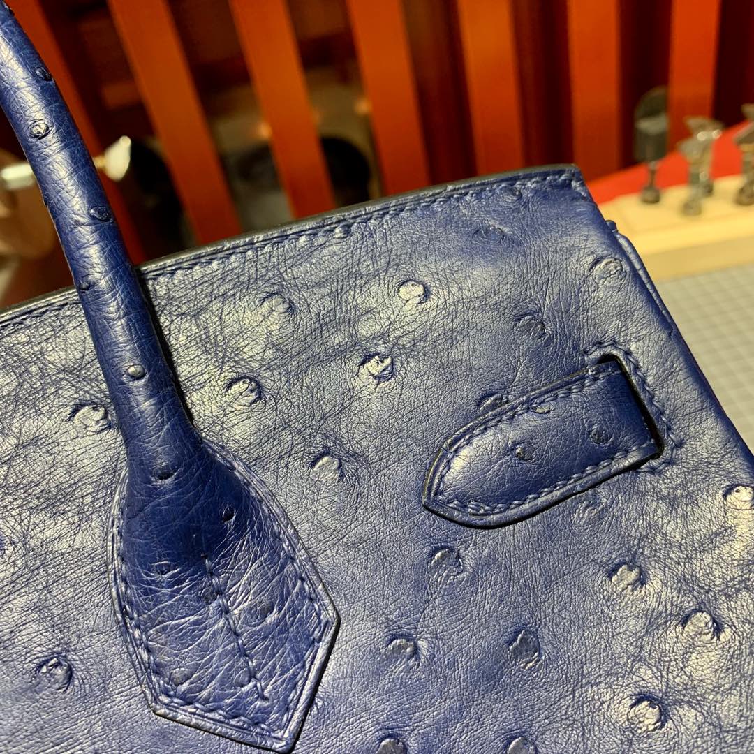 爱马仕Birkin女包 Hermes73宝石蓝KK鸵鸟皮铂金包Birkin30cm 金扣