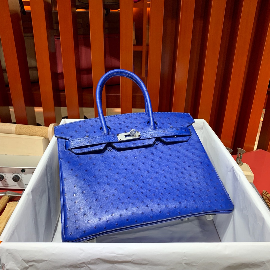 现货 爱马仕鸵鸟皮铂金包 Hermes Birkin30CM 7T电光蓝KK鸵鸟皮 银扣