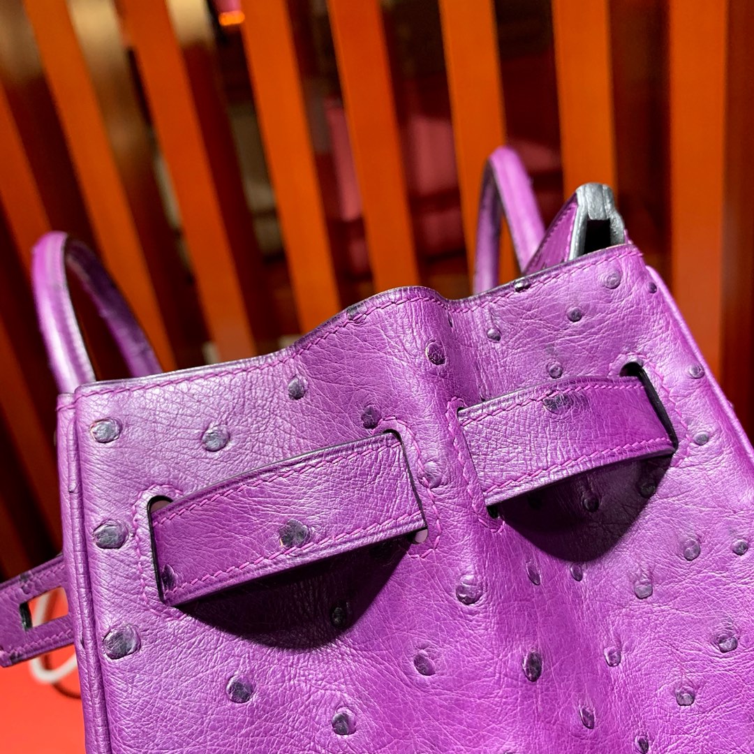 爱马仕铂金包价格 Hermes Birkin30cm P9海葵紫KK鸵鸟皮 金扣