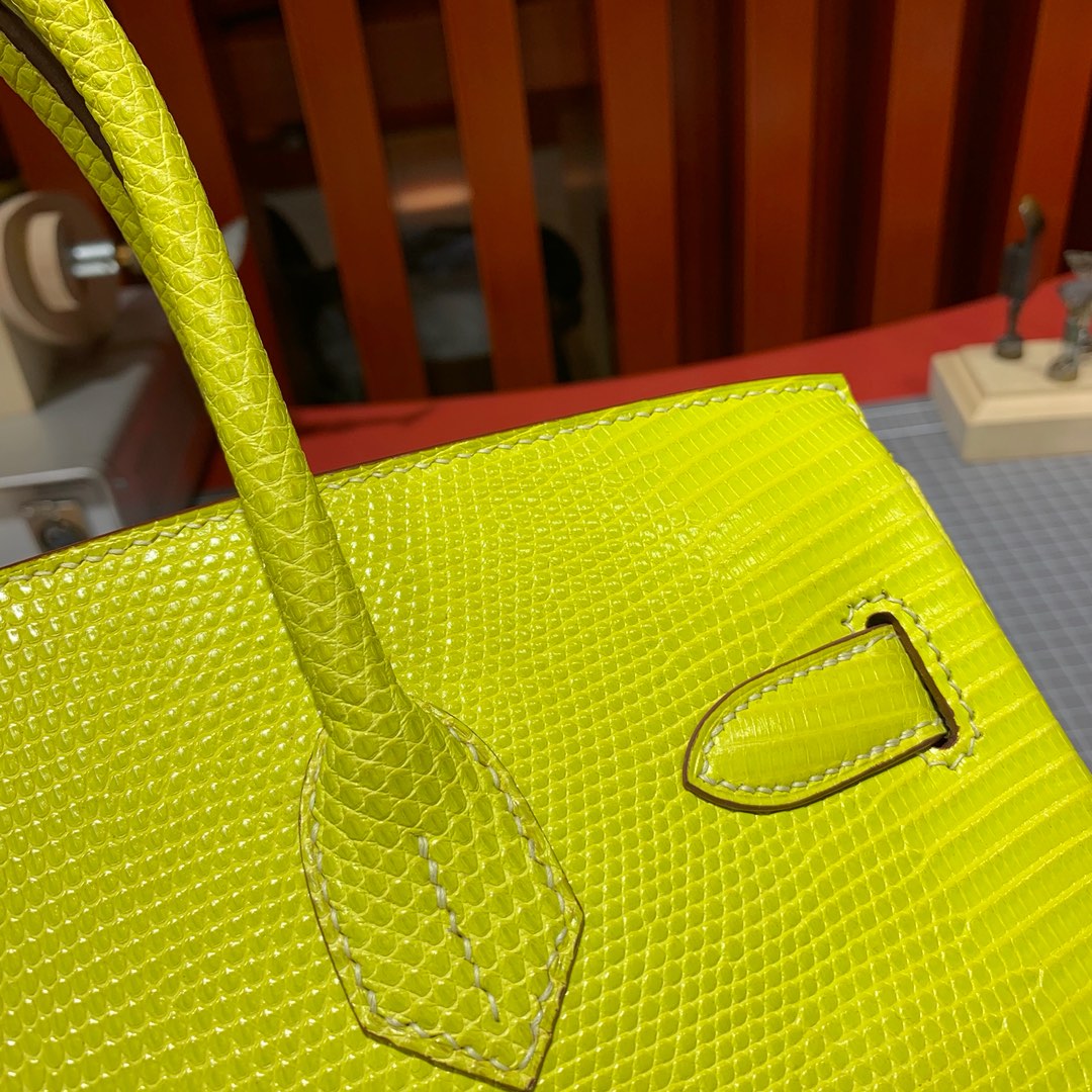 现货 爱马仕铂金包价格 Hermes Birkin30CM 柠檬黄蜥蜴皮 银扣