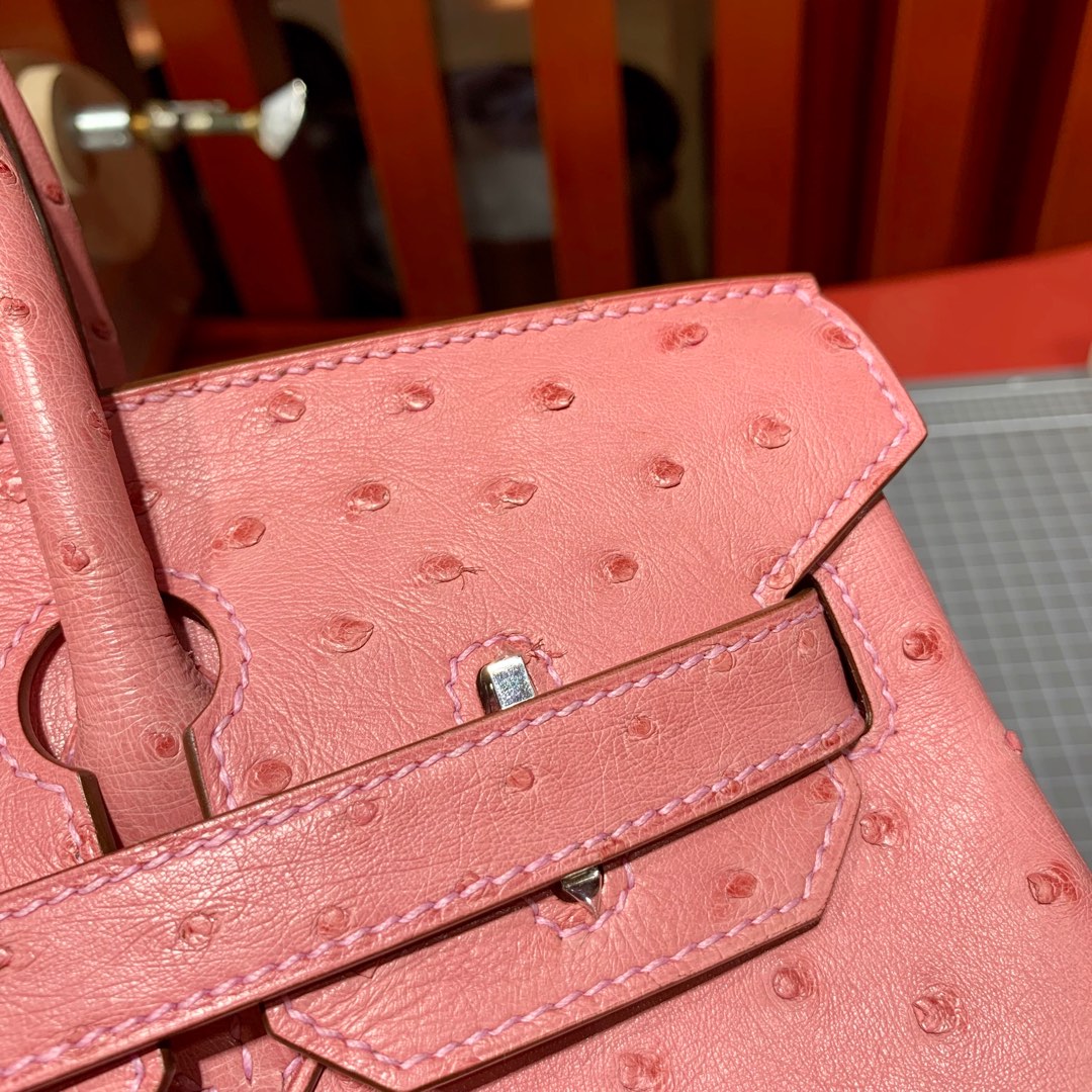 Hermes包包货源 爱马仕顶级KK鸵鸟皮铂金包Birkin30cm 1Q奶昔粉 银扣