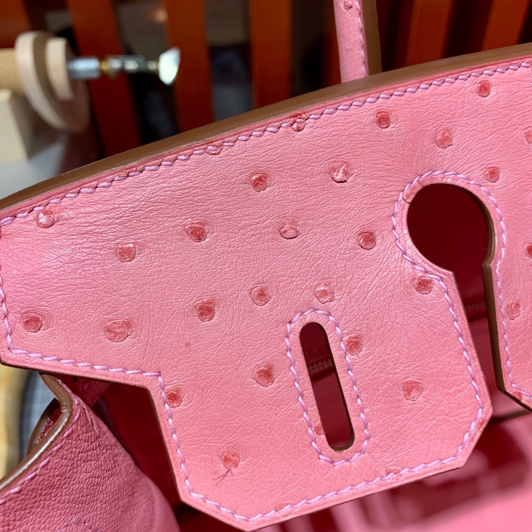 Hermes包包货源 爱马仕顶级KK鸵鸟皮铂金包Birkin30cm 1Q奶昔粉 银扣