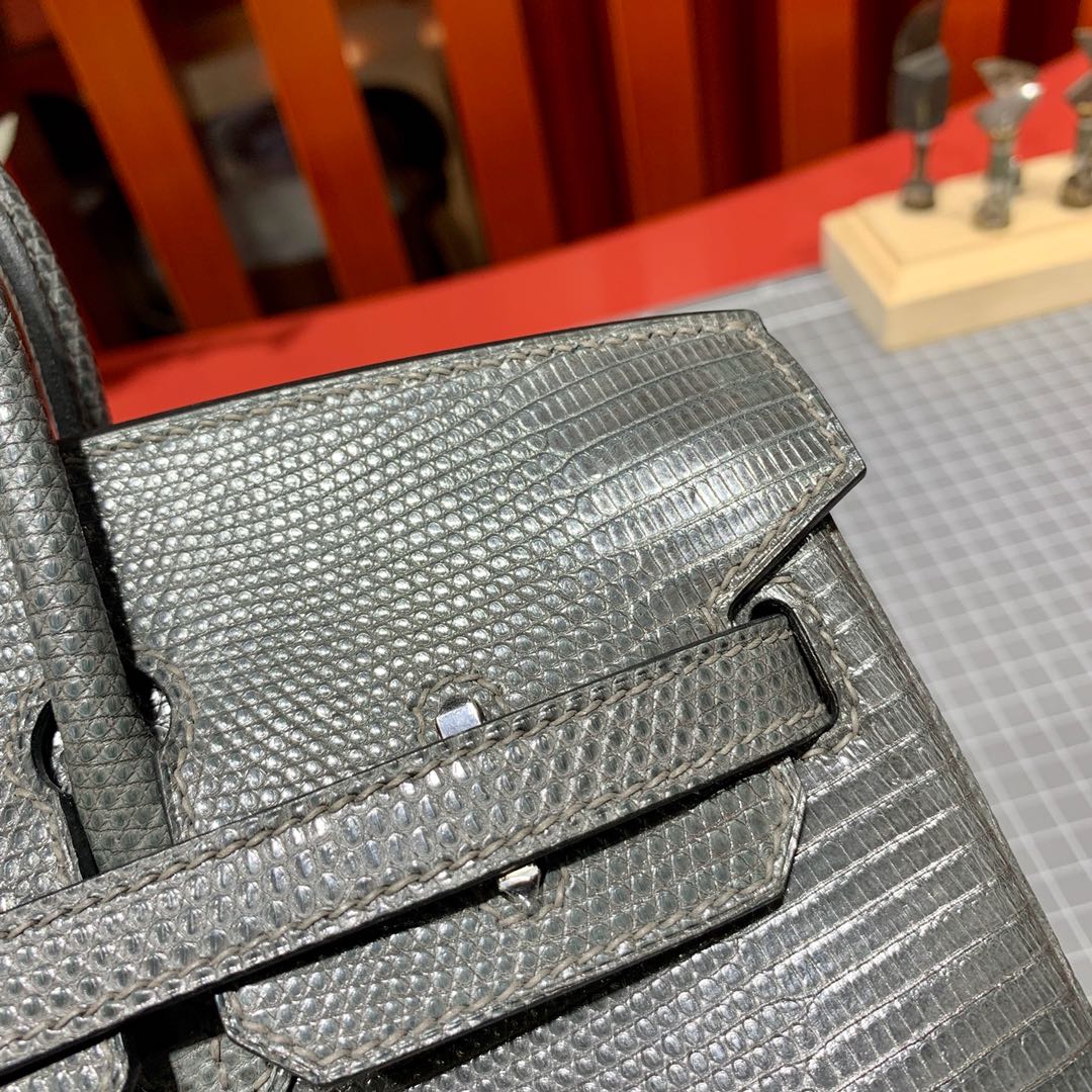 现货 爱马仕Birkin女包 Hermes Birkin25cm 锡器灰蜥蜴皮铂金包 银扣