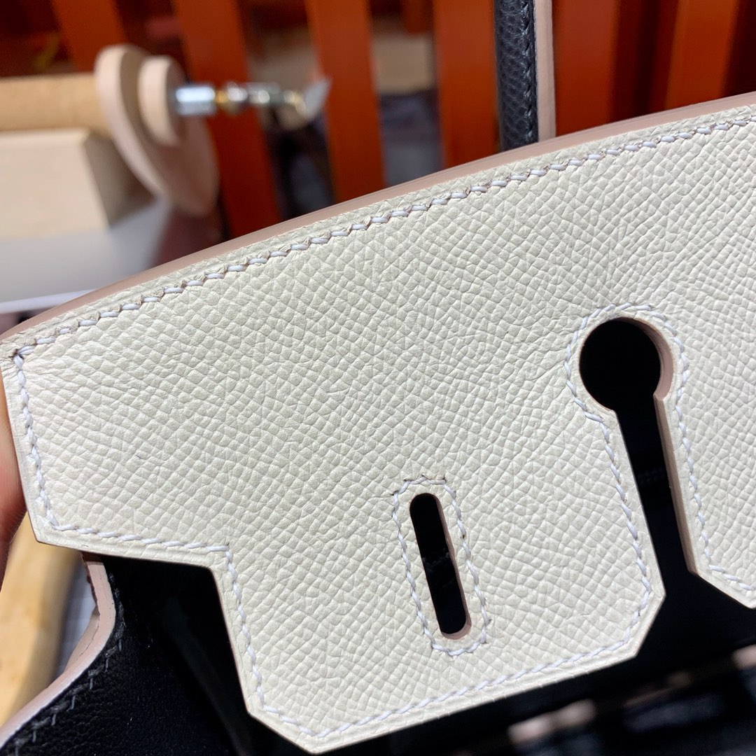 爱马仕拼色铂金包 Hermes Birkin25CM 奶昔白拼黑色Epsom皮 银扣
