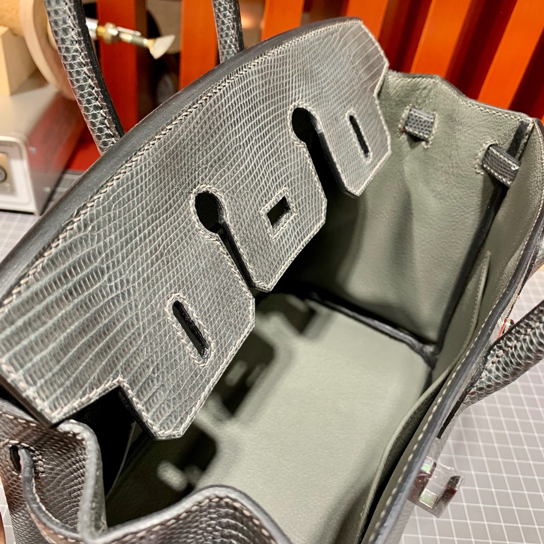 现货 爱马仕Birkin女包 Hermes Birkin25cm 锡器灰蜥蜴皮铂金包 银扣