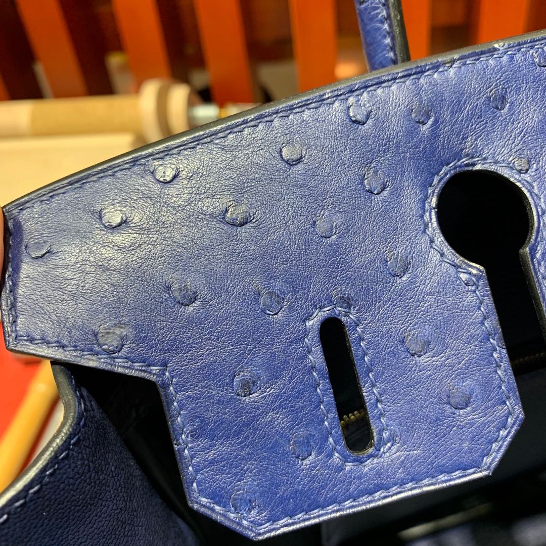 爱马仕Birkin女包 Hermes73宝石蓝KK鸵鸟皮铂金包Birkin30cm 金扣