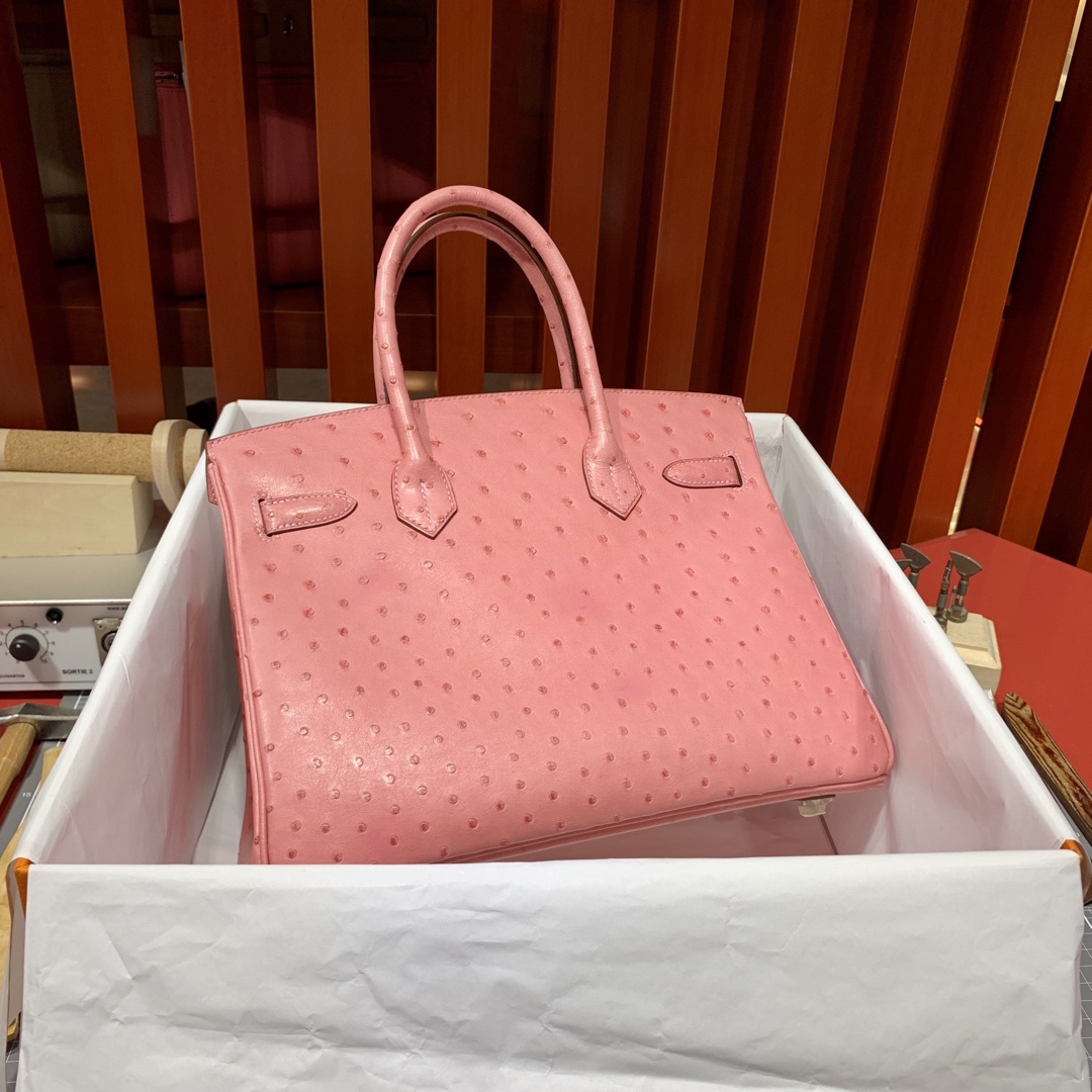 Hermes包包货源 爱马仕顶级KK鸵鸟皮铂金包Birkin30cm 1Q奶昔粉 银扣