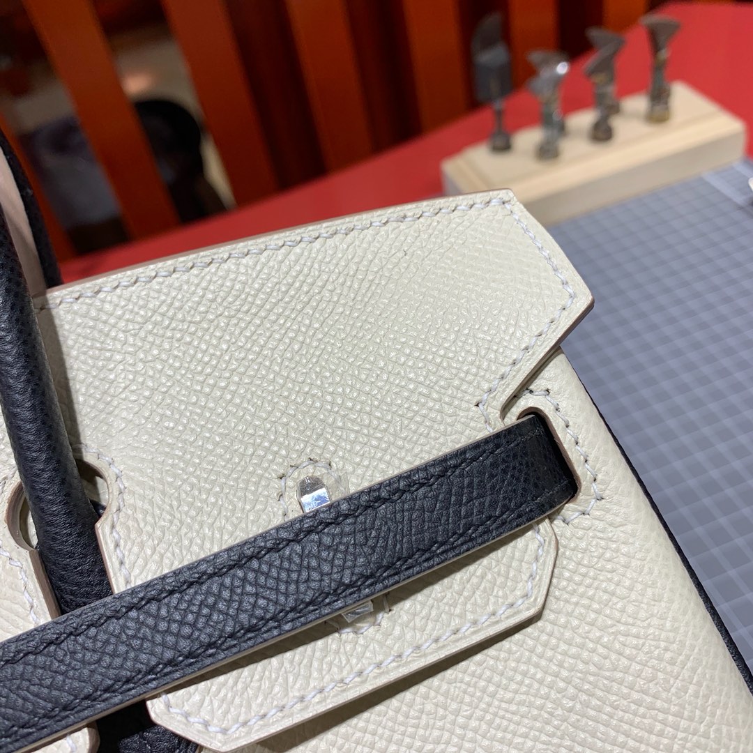 爱马仕拼色铂金包 Hermes Birkin25CM 奶昔白拼黑色Epsom皮 银扣