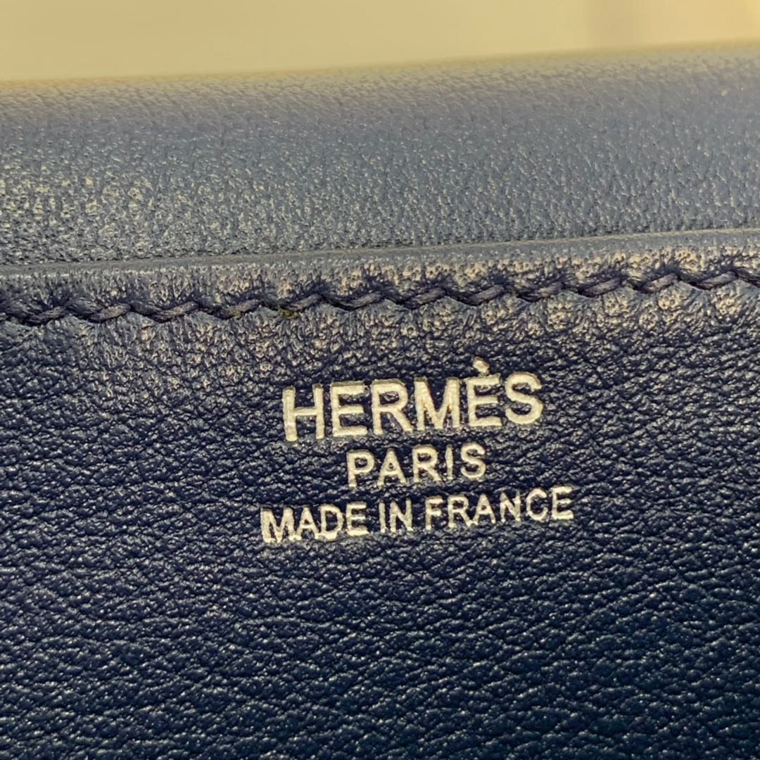 Hermes mini Halzan22CM 爱马仕宝石蓝Swift牛皮手提斜挎包包 银扣