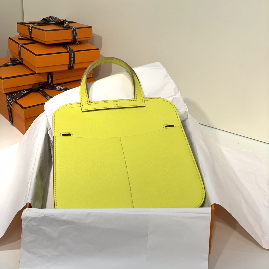 Hermes女包批发 爱马仕柠檬黄进口Swift牛皮mini Halzan手提包22cm