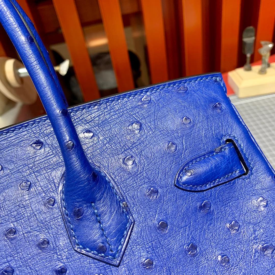 现货 爱马仕鸵鸟皮铂金包 Hermes Birkin30CM 7T电光蓝KK鸵鸟皮 银扣