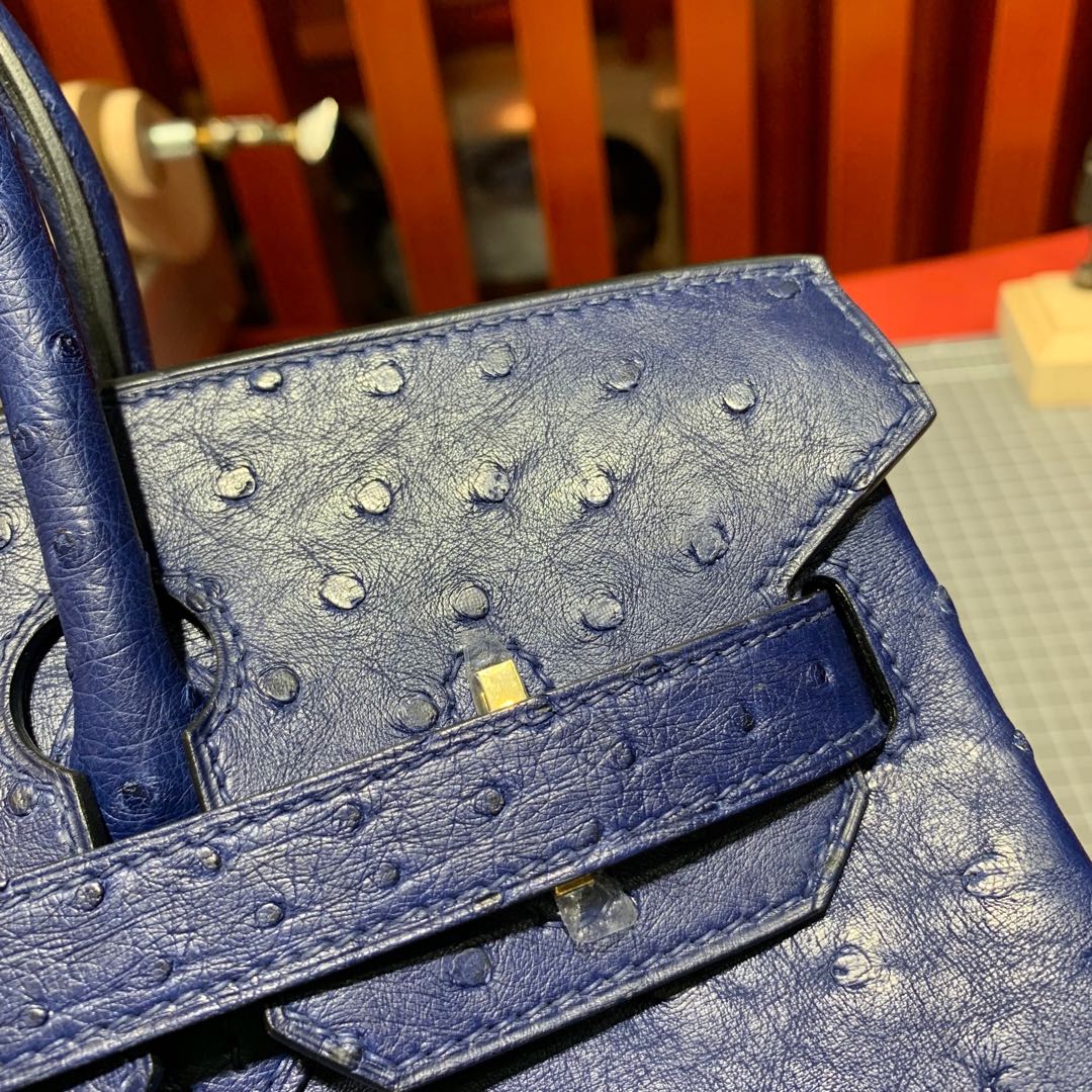 爱马仕Birkin女包 Hermes73宝石蓝KK鸵鸟皮铂金包Birkin30cm 金扣