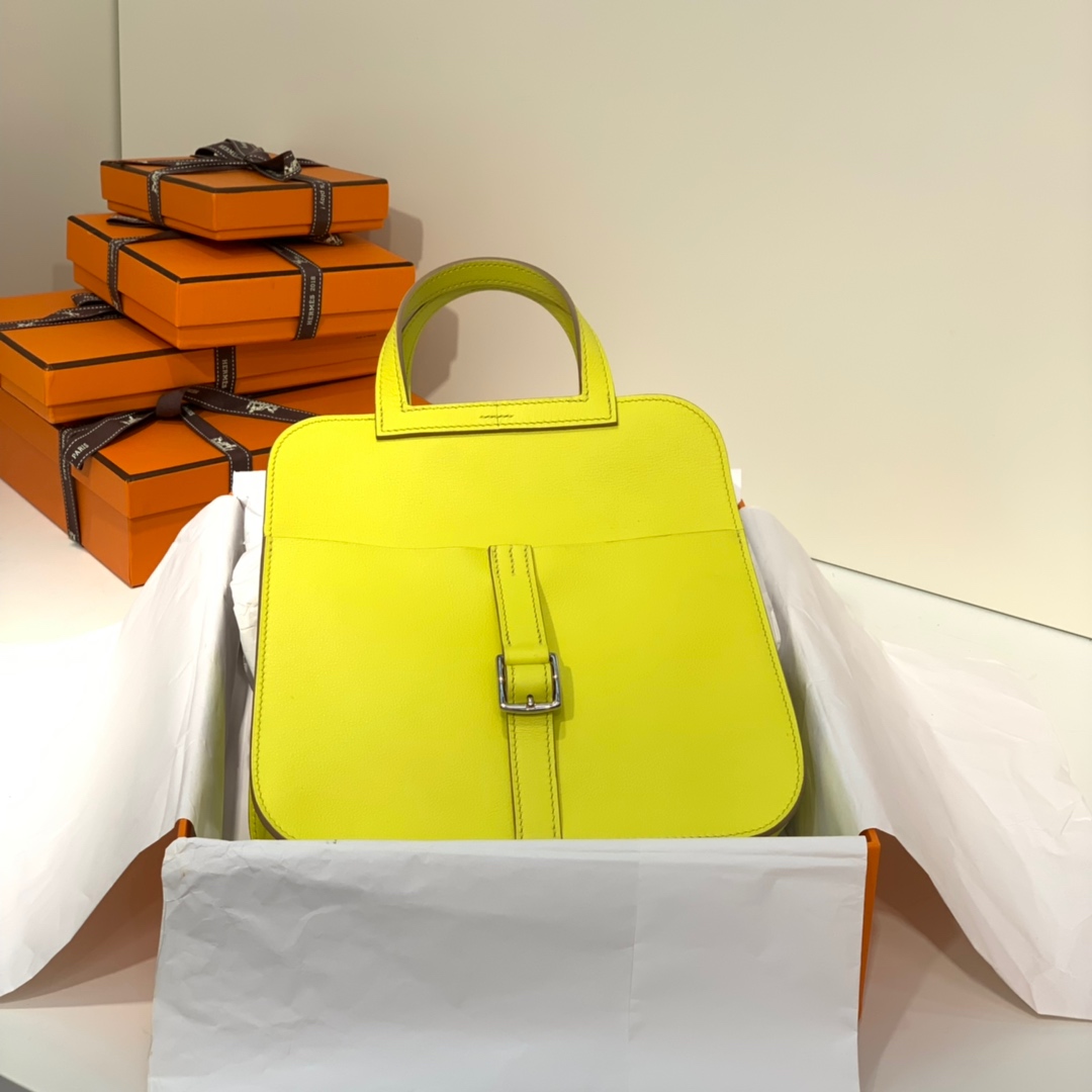Hermes女包批发 爱马仕柠檬黄进口Swift牛皮mini Halzan手提包22cm