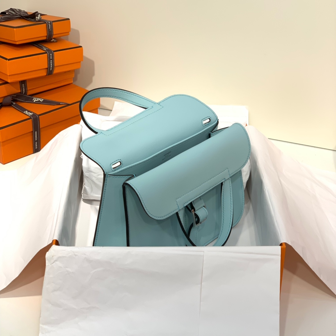 现货 Hermes mini Halzan22CM 爱马仕微风蓝Swift牛皮手提斜挎包
