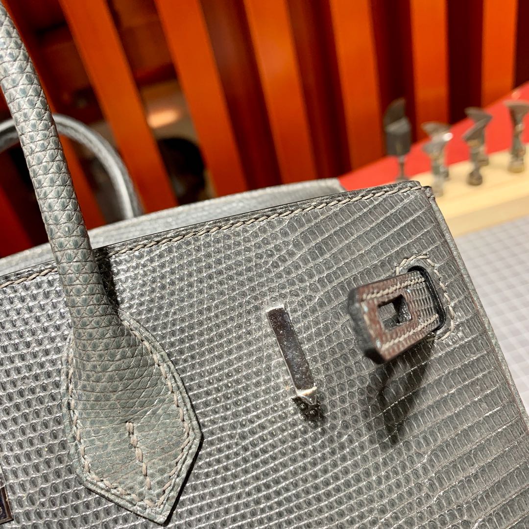 现货 爱马仕Birkin女包 Hermes Birkin25cm 锡器灰蜥蜴皮铂金包 银扣