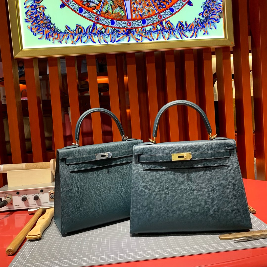 现货 Hermes Kelly25cm 爱马仕6O松柏绿掌纹牛皮凯莉包 金银扣