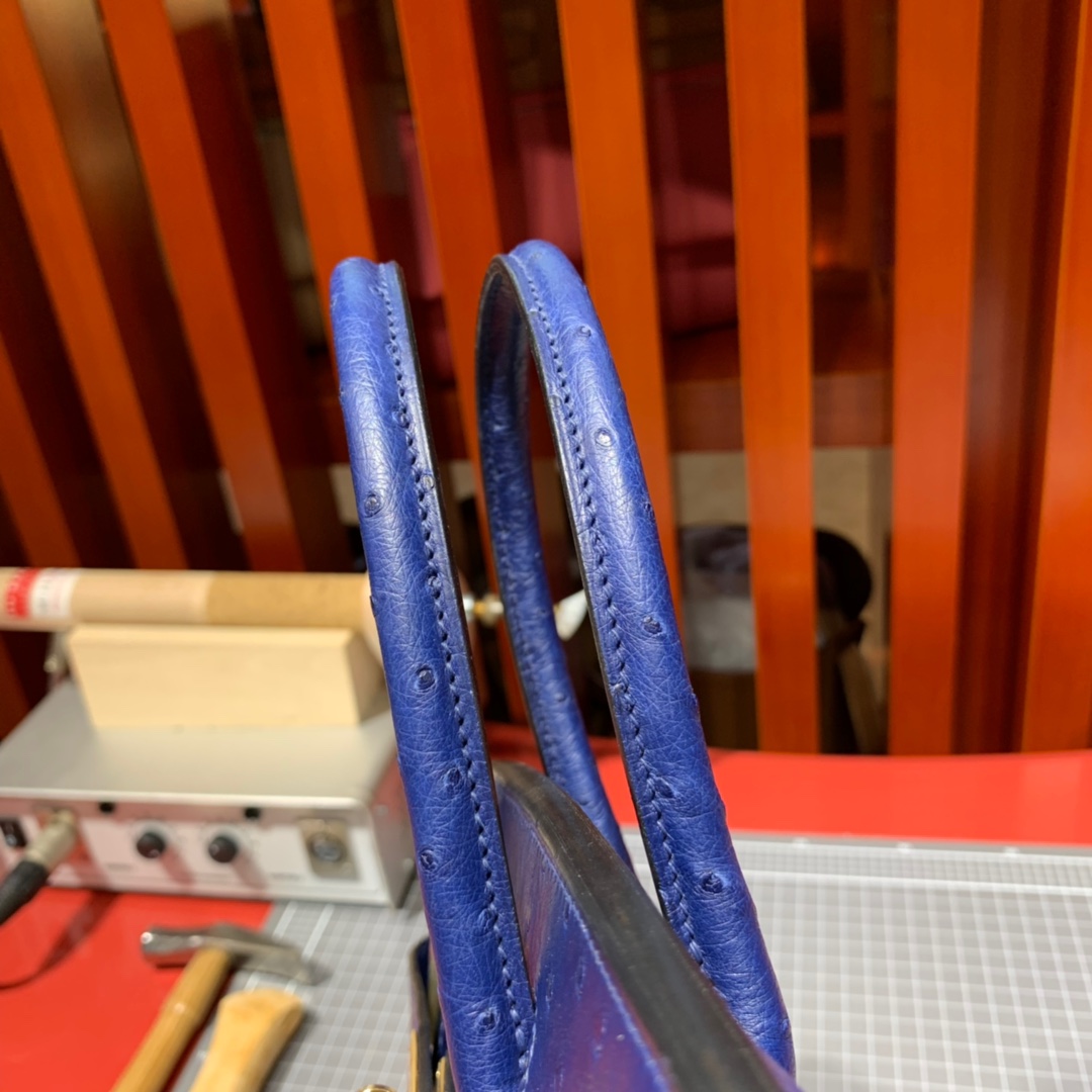 爱马仕Birkin女包 Hermes73宝石蓝KK鸵鸟皮铂金包Birkin30cm 金扣