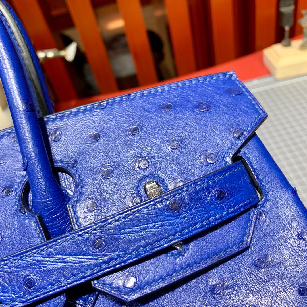 现货 爱马仕鸵鸟皮铂金包 Hermes Birkin30CM 7T电光蓝KK鸵鸟皮 银扣