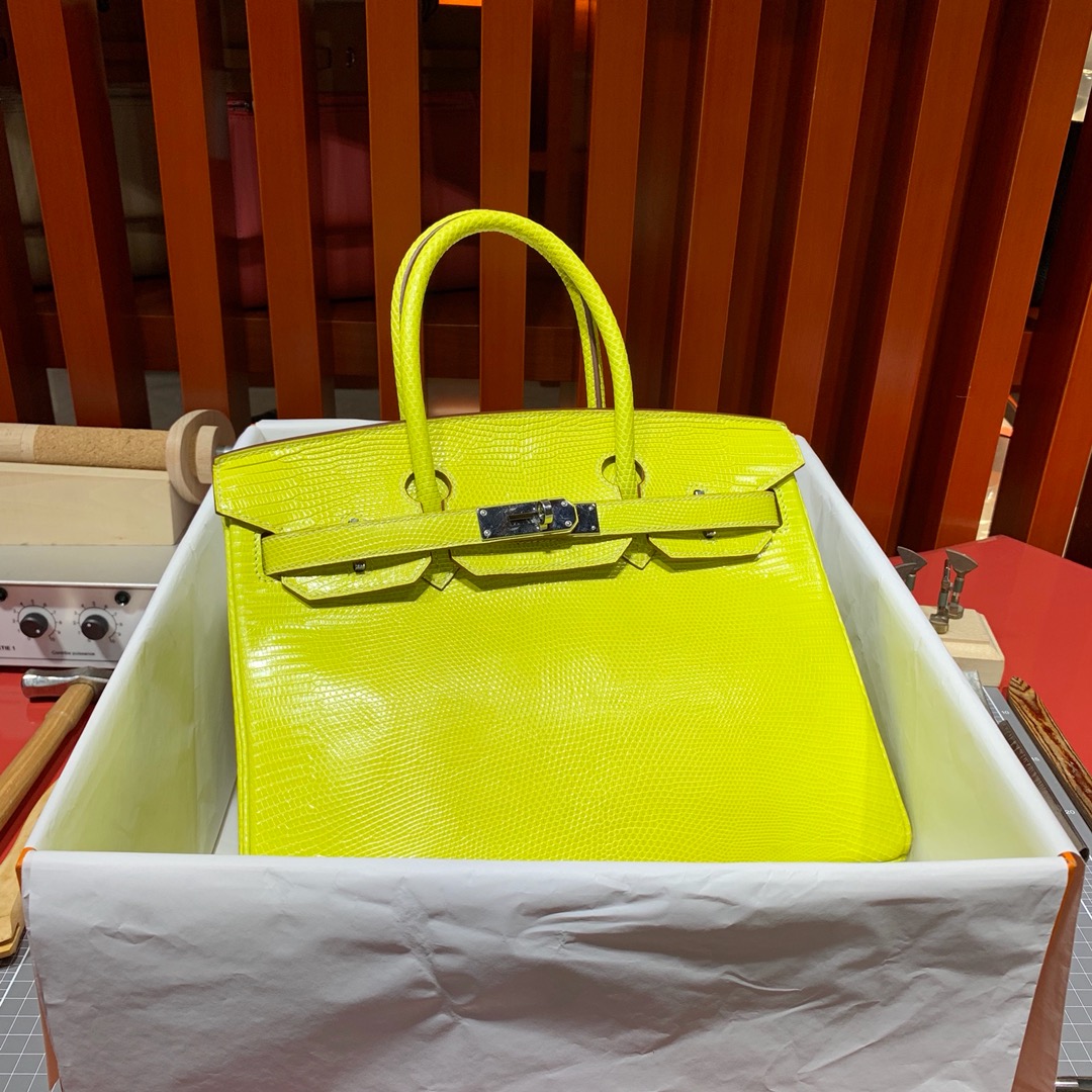 现货 爱马仕铂金包价格 Hermes Birkin30CM 柠檬黄蜥蜴皮 银扣