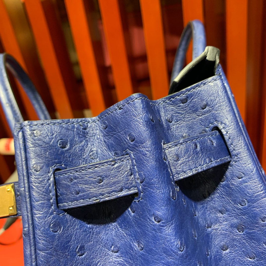 爱马仕Birkin女包 Hermes73宝石蓝KK鸵鸟皮铂金包Birkin30cm 金扣